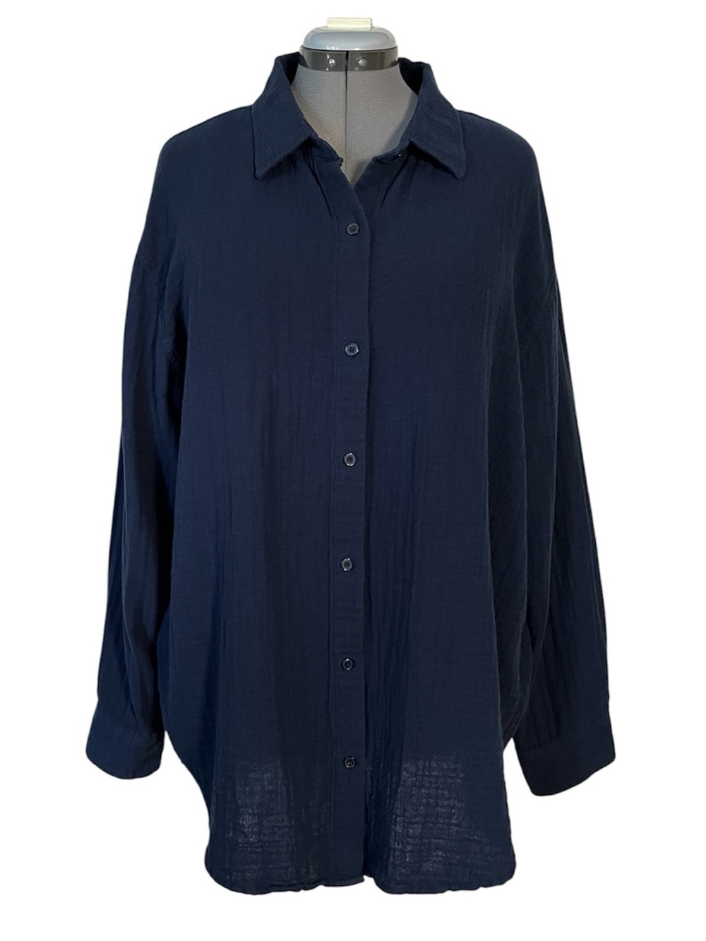 Aritzia Navy Button-Front Collared Long-Sleeve Top